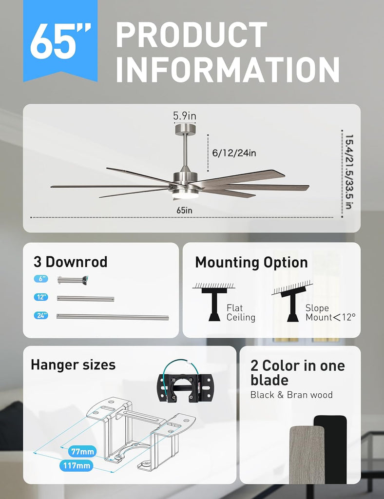 65 Inch Large Smart Ceiling Fan with Light and Remote via WIFI Alexa APP Control,Dimmable
