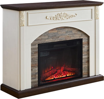 44Inch Electric Fireplace with Mantel, with Stacked Stone Surround, Freestanding Fireplace Heater with LED