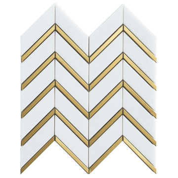 10x12 Polished Marble Chevron Mosaic Tile with Gold Metal Inlay - Luxury White Stone Wall Backsplash Bathroom Shower