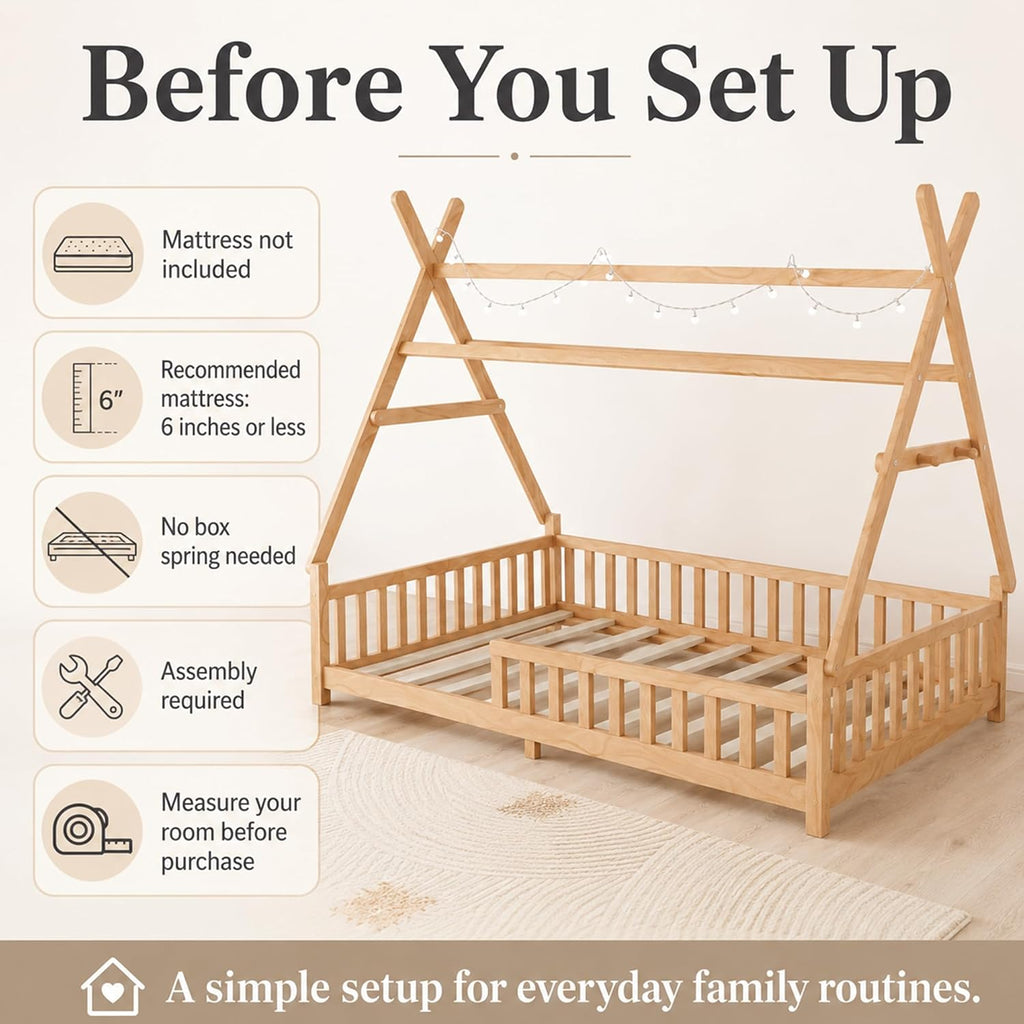 Full Size Montessori Floor Bed with Guardrails and LED Light, Tent-Shaped Full House Bed for Kids, Wood Full Bed
