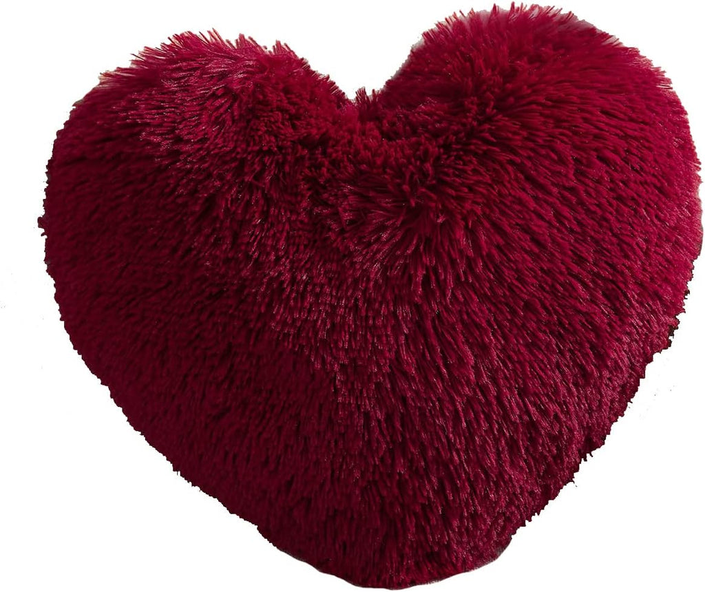 Fluffy Heart Throw Pillows, Shaggy Decorative Pillow, Cute Room Decor Decorations for Women Girls Kids (Dark Red)