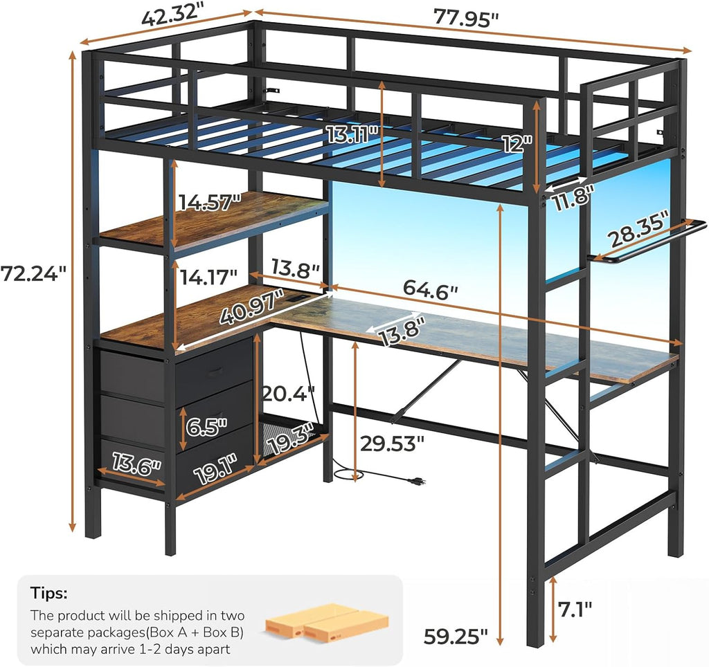 Twin Loft Bed with L-Shaped Desk, LED Lights,Charging Station LED Metal Kids Loft Bed Twin with 3 Storage Shelves and