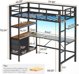 Twin Loft Bed with L-Shaped Desk, LED Lights,Charging Station LED Metal Kids Loft Bed Twin with 3 Storage Shelves and