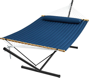Hammock with Stand, 2 Person Quilted Outdoor Hammock, Detachable Pillow & Bamboo Spreaders, Portable Hammock with