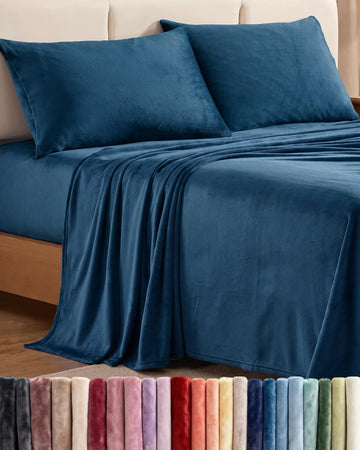 Fleece Sheets Cal King Size Set - 4-Piece Velvet Flannel Sheet Set - Navy