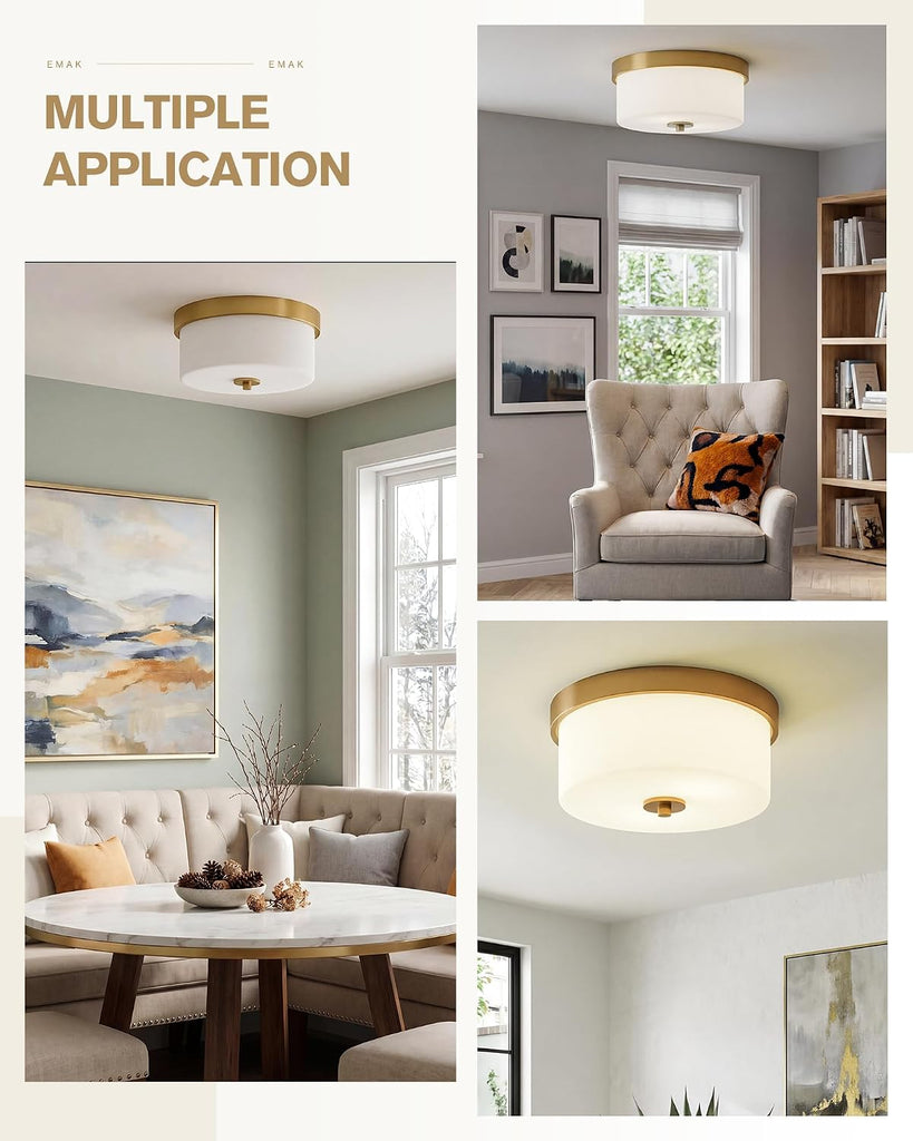 11 Inch Brushed Gold Flush Mount Ceiling Light Fixture, 2-Light Fixtures Ceiling Mount with Milk Glass Shades