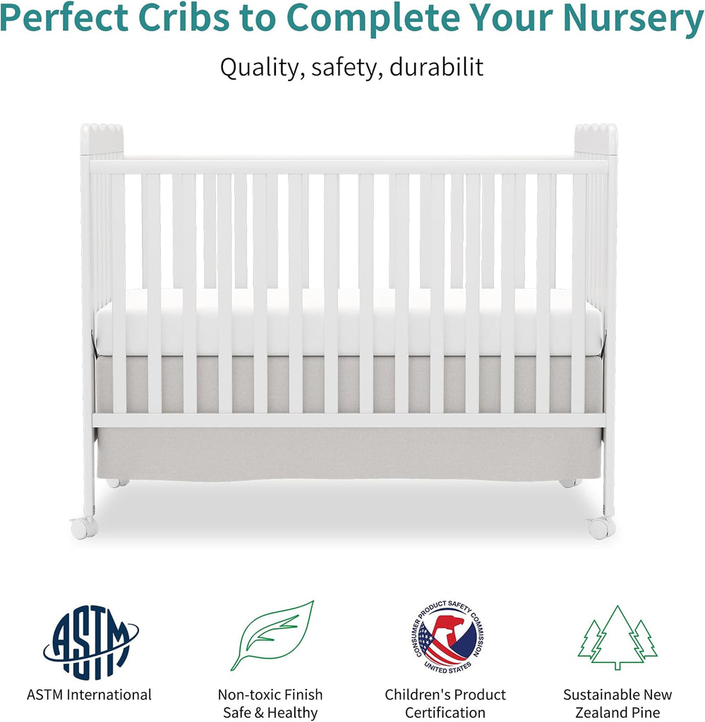 4-in-1 Convertible Wood Baby Crib, Toddler Bed & Daybed (White) | Locking Wheels, 3 Heights, Non-Toxic Finish, Easy