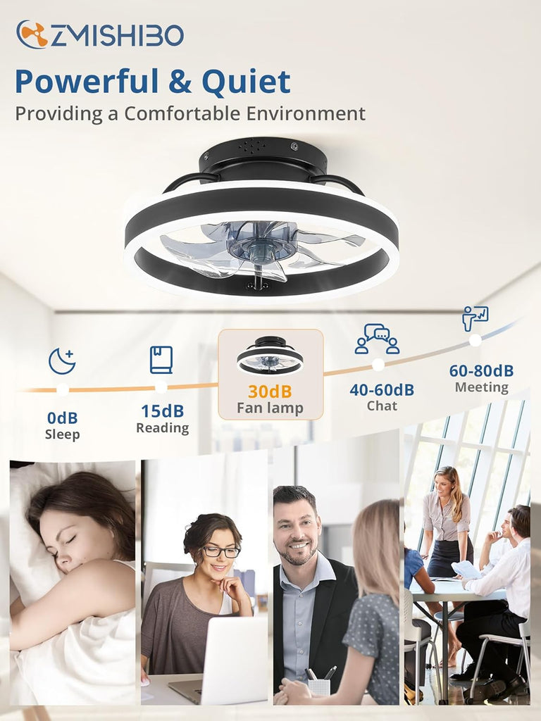 Low Profile Ceiling Fans with Lights and Remote, 13 Inch Fandelier Ceiling Fan with Light, Black Modern Flush Mount Ceiling Fan, Small Dimmable LED Fan Lights for Bedroom