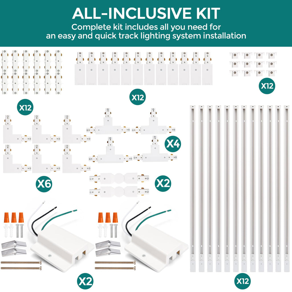 H Track Lighting Rails Kit - 40ft White Track Lighting Tracks 3 Wire with Floating Canopy Connector, L Connector, I