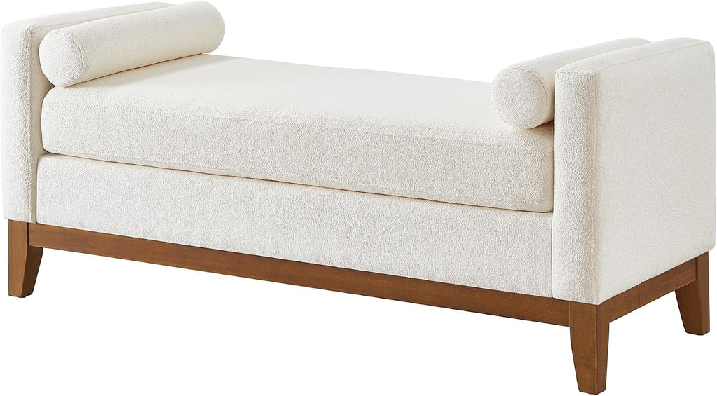 Large 51" L Boucle Bench Ottoman with 2 Bolster Pillows & Solid Wood Frame, Upholstered End of Bed Daybed Seating