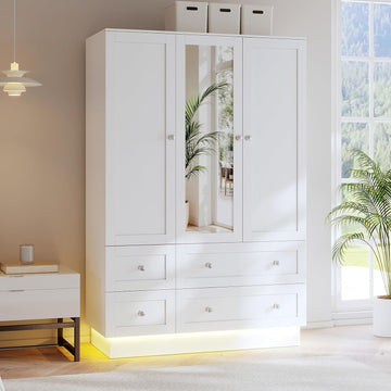 Wardrobe Closet with 3 Doors Bedroom Armoire with Mirror & 4 Drawers | Large Capacity Storage Closet with LED Light