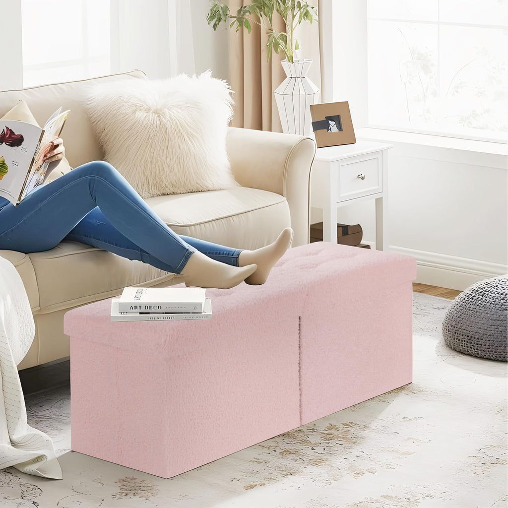 Storage Ottoman Bench, 34" Teddy Velvet Folding Foot Rest, Pink