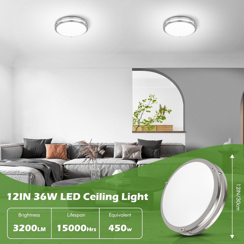 36W LED Ceiling Light Fixture, 12in Modern Flush Mount Ceiling Lights | Dimmable Ceiling Lamps Super Bright 3200LM