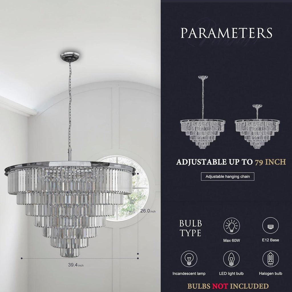 Inspired Odeon Style 24-Light Chrome Crystal 7-Tier Modern Chandelier W39.4"