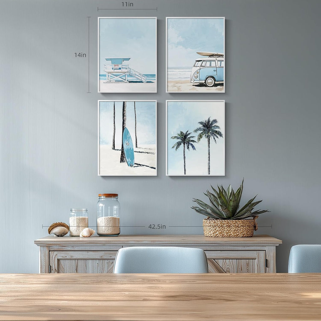 Framed Blue Coastal Beach Wall Art for Room Decor, 4 Piece Beach Ocean Bathroom Canvas Pictures Prints, Palm Tree