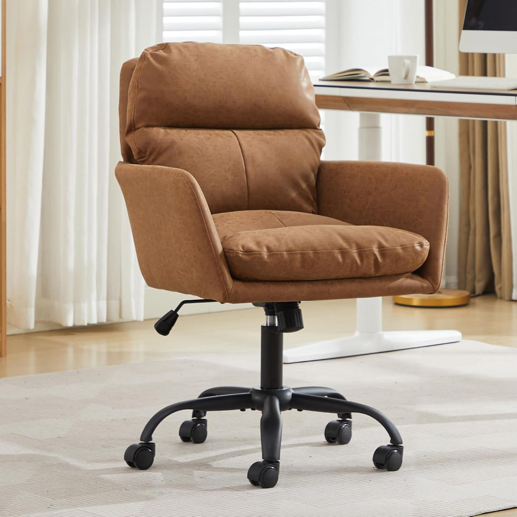 Adjustable Home Office Desk Chair with Comfy Square Mid-Back, Faux Leather 360 Swivel Upholstered Task Armchair with Wheels for Vanity Bedroom/Living Room,Study Brown