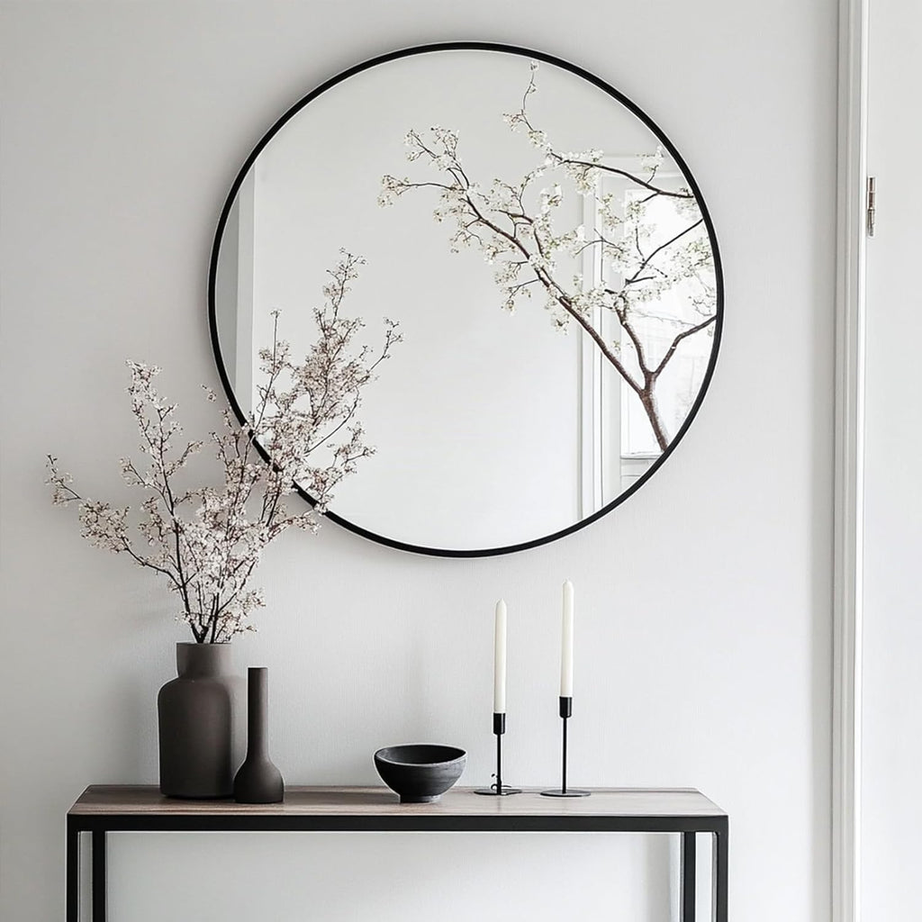 Round Mirror, Black Round Mirror 24 inch, Circle Wall Mirrors Metal Frame, Circular Mirrors for Wall, Living Room