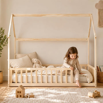 Tw Floor Bed with Roof and Guardrails, No Box Spring, Natural | Pine wood kids floor bed with low design, guardrails
