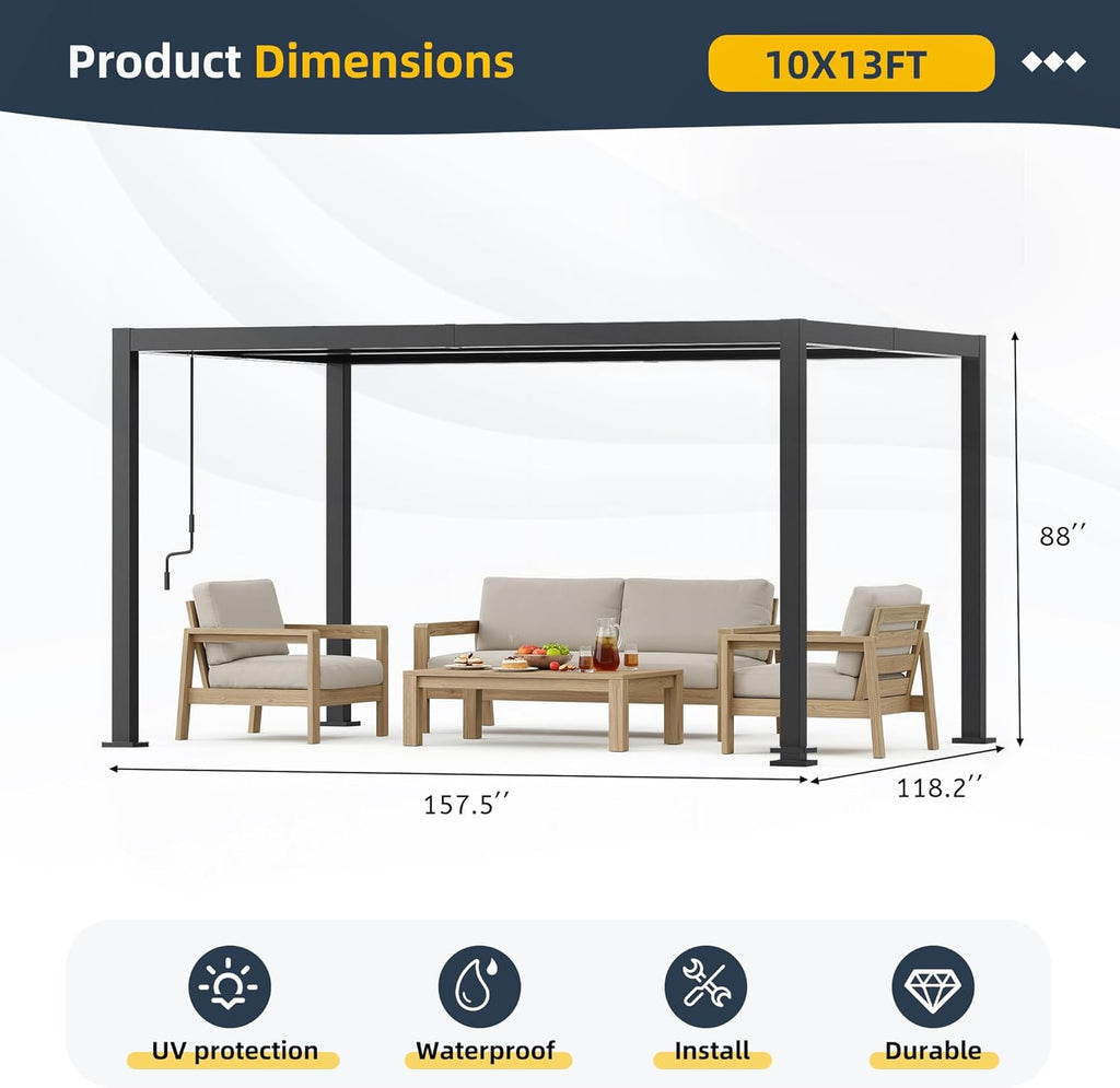 10' x 13' Louvered Pergola, Metal Patio Pergola with Adjustable Louvers Roof