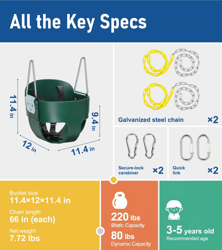 High Back Full Bucket, Toddler Swing with Coated Chains & Triangle Dip Pinch Protection for Safety, Baby Swing Outdoor