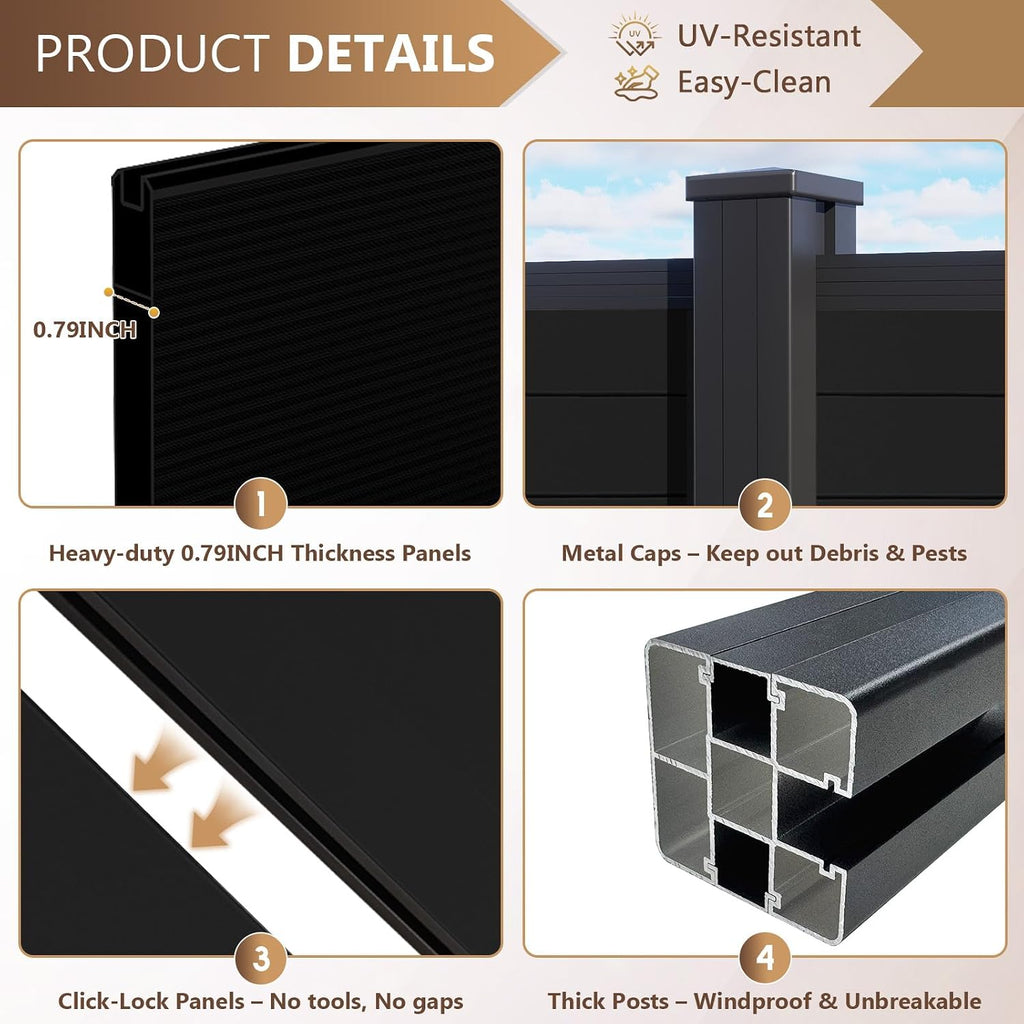 6 Ft×6 Ft Aluminum Alloy Fence Panels, Black Privacy Fence, Garden, Backyard, Wind Resistant Fence with 2 No-dig Post