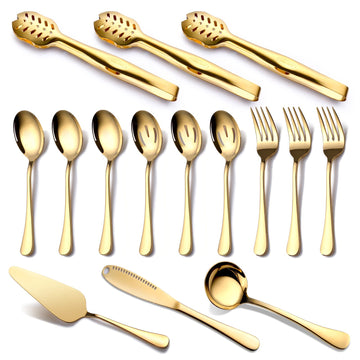 Gold Serving Utensils, 15-Piece Stainless Steel Gold Serving Utensils Set Include Serving Spoons, Slotted Serving