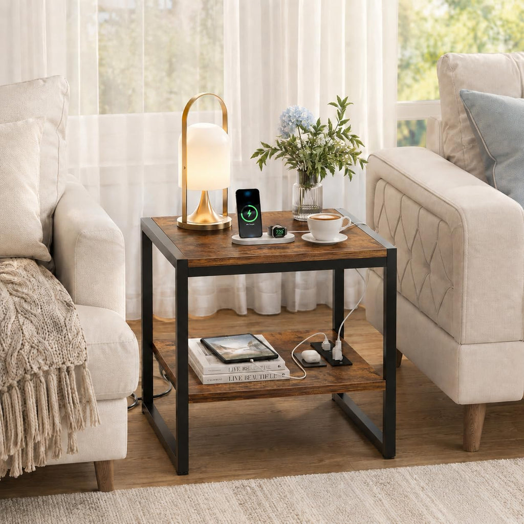 End Table with Charging Station, Mini Fridge Stand, Rustic Brown
