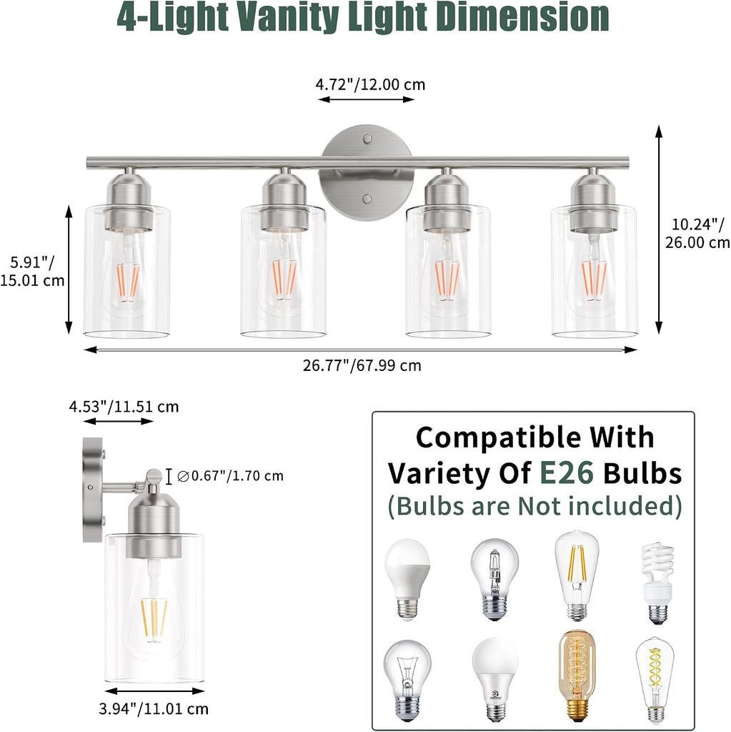 Bathroom Vanity Light Fixtures Brushed Nickel,4 Lights Rustic Farmhouse Vanity Bar Lighting Over Mirror Modern