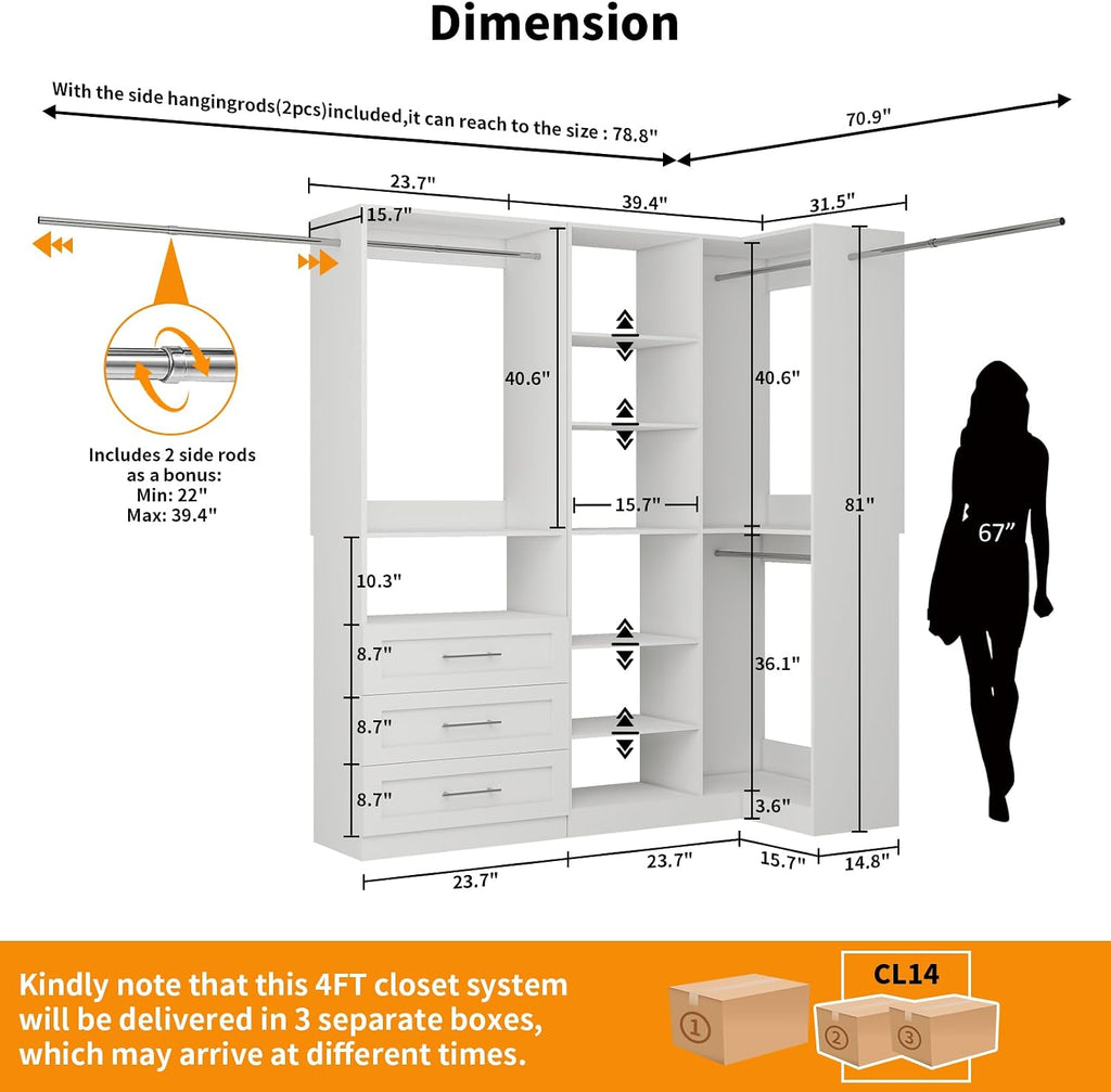 Closet System with 3 Drawers, Corner Closet Organizer Systems with 7 Shelves & 5 Hanging Rods L-Shaped Walk in Closet