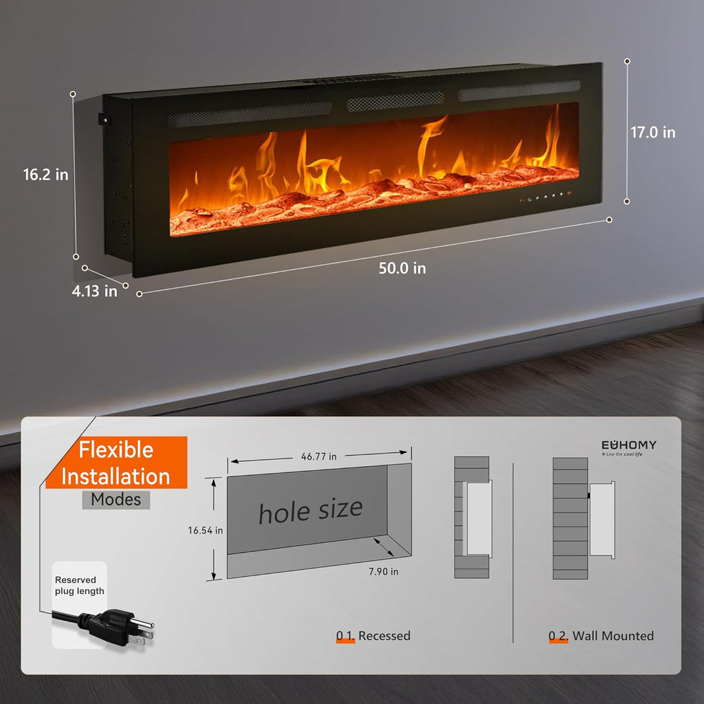 50 Inch Electric Fireplace Wall Recessed and Wall Mounted with Adjustable Flame Color