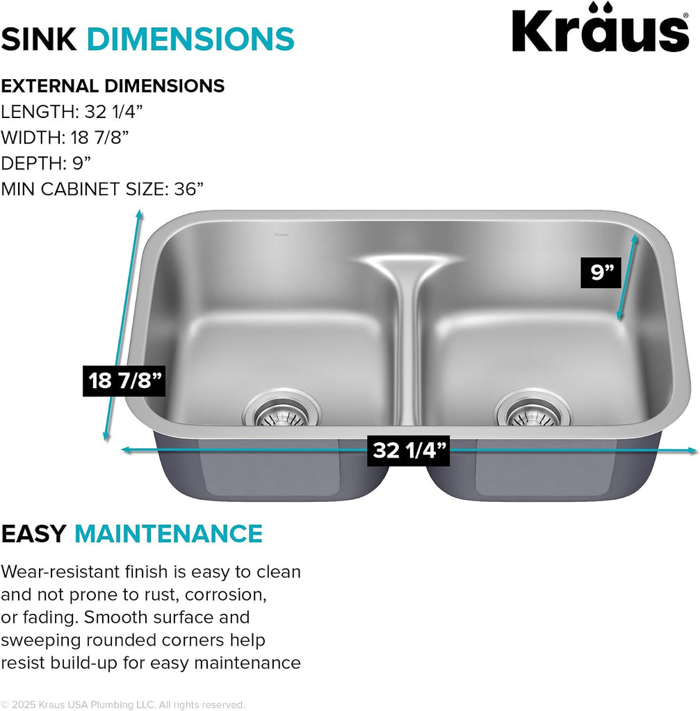 Premier 32-inch Undermount 50/50 Double Bowl Low Divider 18-Gauge Stainless Steel Kitchen Sink with Strainers (x2)