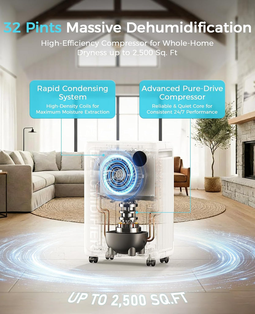 32 Pint Dehumidifier for Basement, 2500 sq.ft Dehumidifiers for Home with Drain Hose, 3 Modes, Auto Defrost, 24H Timer