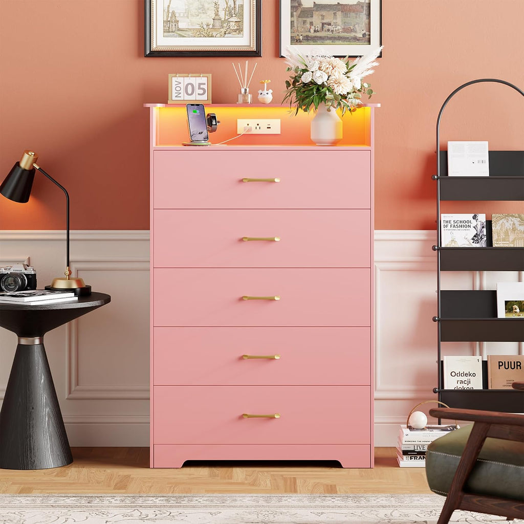 5 Drawer Dresser - 51" Tall Vertical Chest of Drawers with LED Light and Charging Station, Modern Organizer Cabinet
