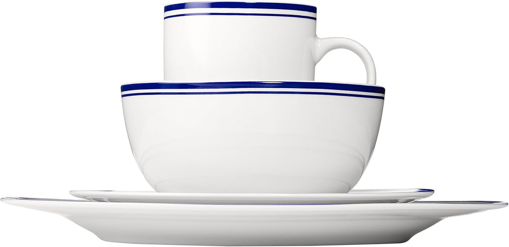 16-Piece Cafe Stripe Dinnerware Set, Microwave and Dishwasher Safe, Plates, Bowls, Mugs, Service for 4, Blue