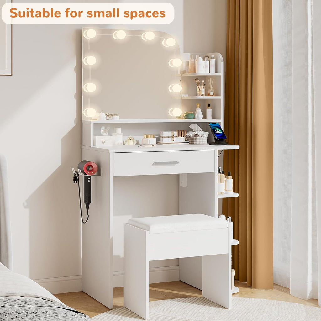 Small Vanity, Set with Big Mirror, Lights & Chair, for Girls, White | Small footprint, huge storage, 14.2×26.5×54.4"