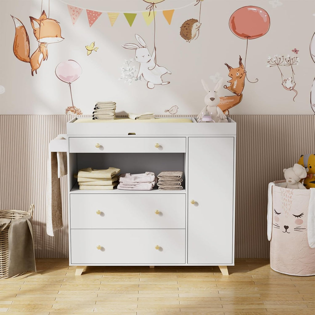 Baby Changing Table, Modern Diaper Changing Station, Changing Table with 2 Drawers & Shelves White