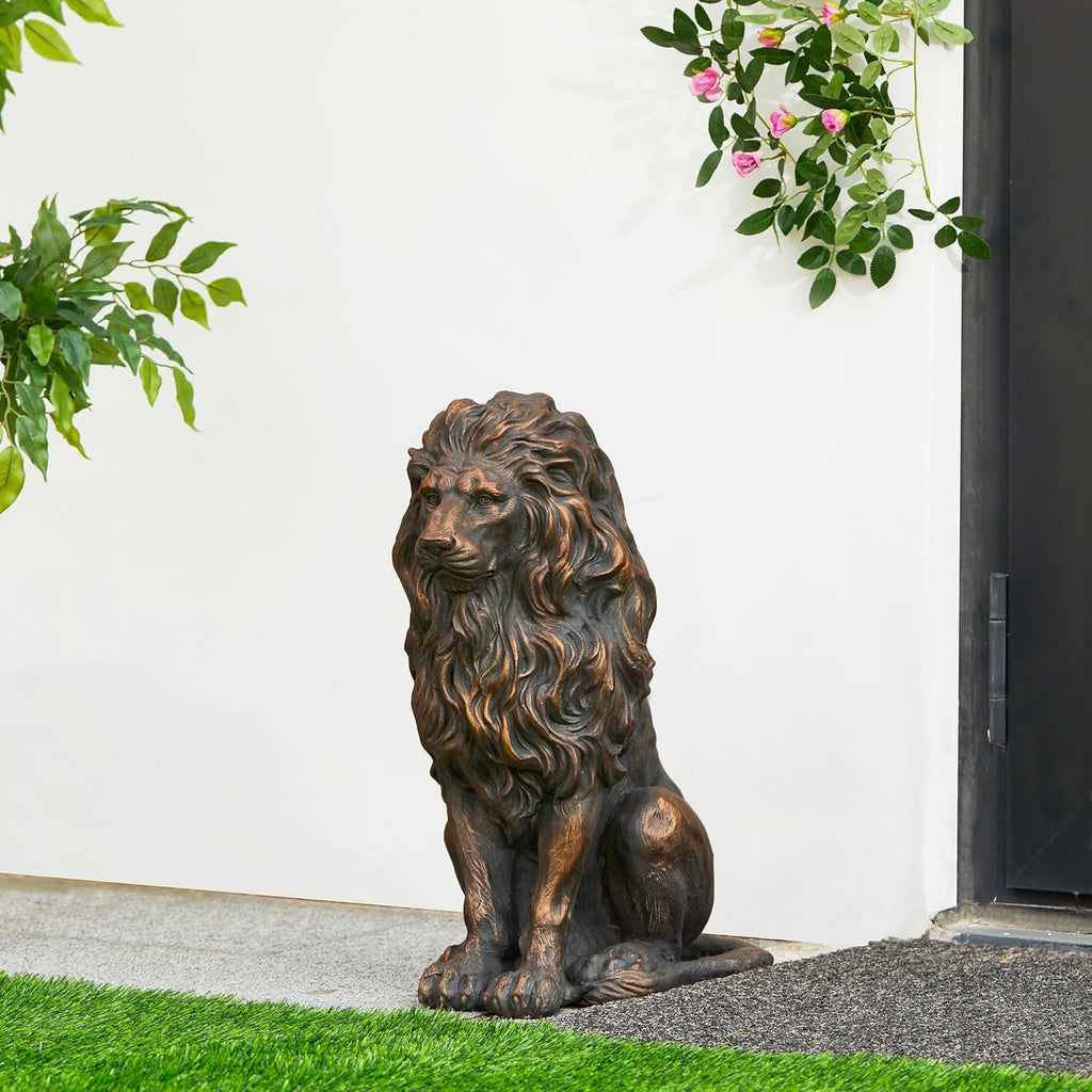 24"BronzeLion Garden Statue,Large Sitting Lion Sculpture With Weighted Base,Regal Entrance Guardian For Front