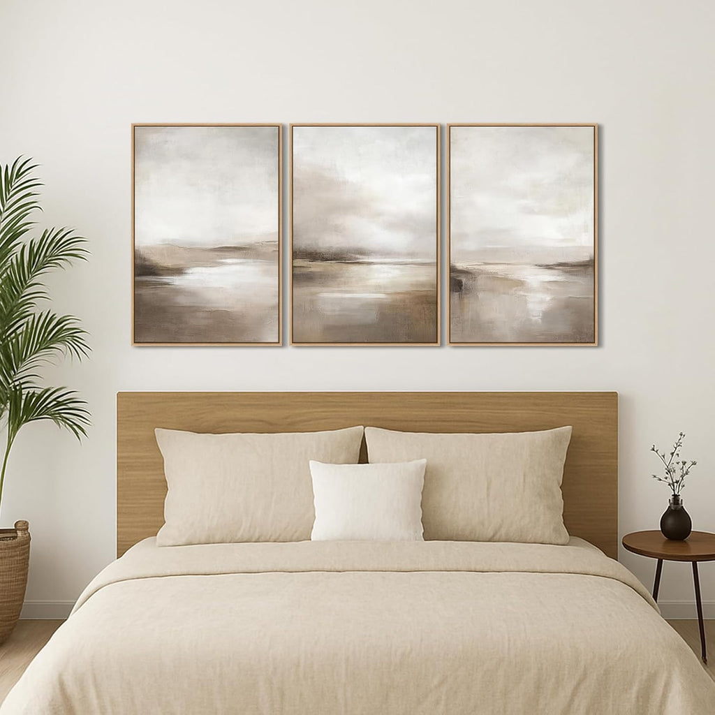 Neutral Abstract Framed Wall Art - Minimalist Modern Nordic Calm Canvas Print Set, Landscape Shapes Earth Tone