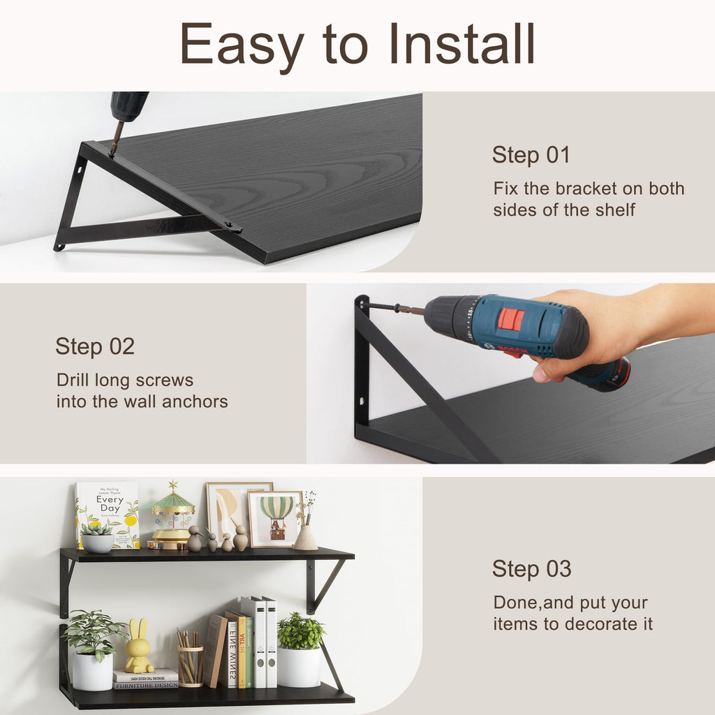 10 Inch Deep Floating Shelves, Black Floating Shelf 16 Inch Long, 16" W x 10" D Wall Shelves Set of 2, Deep Shelves