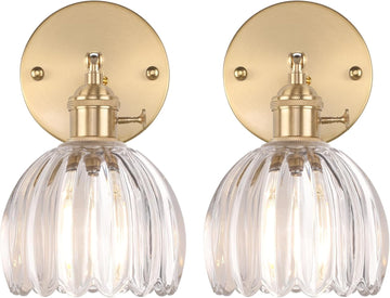 Vintage Wall Sconces Set of 2 with Transparent Tulip Glass Lampshade 180 Degree Adjustable Brass Sconces Hradwired