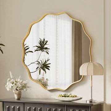 Gold Scalloped Circle Mirror, 24" Wavy Edge Round Wall Mirror with Tempered Glass Textured Circular Metal Deep Frame