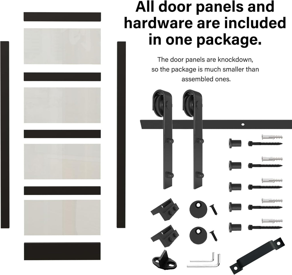 30" x 84" 5-Lites Frosted Glass Sliding Barn Door and Hardware Kit Included & 6FT Track & Handle, Ea
