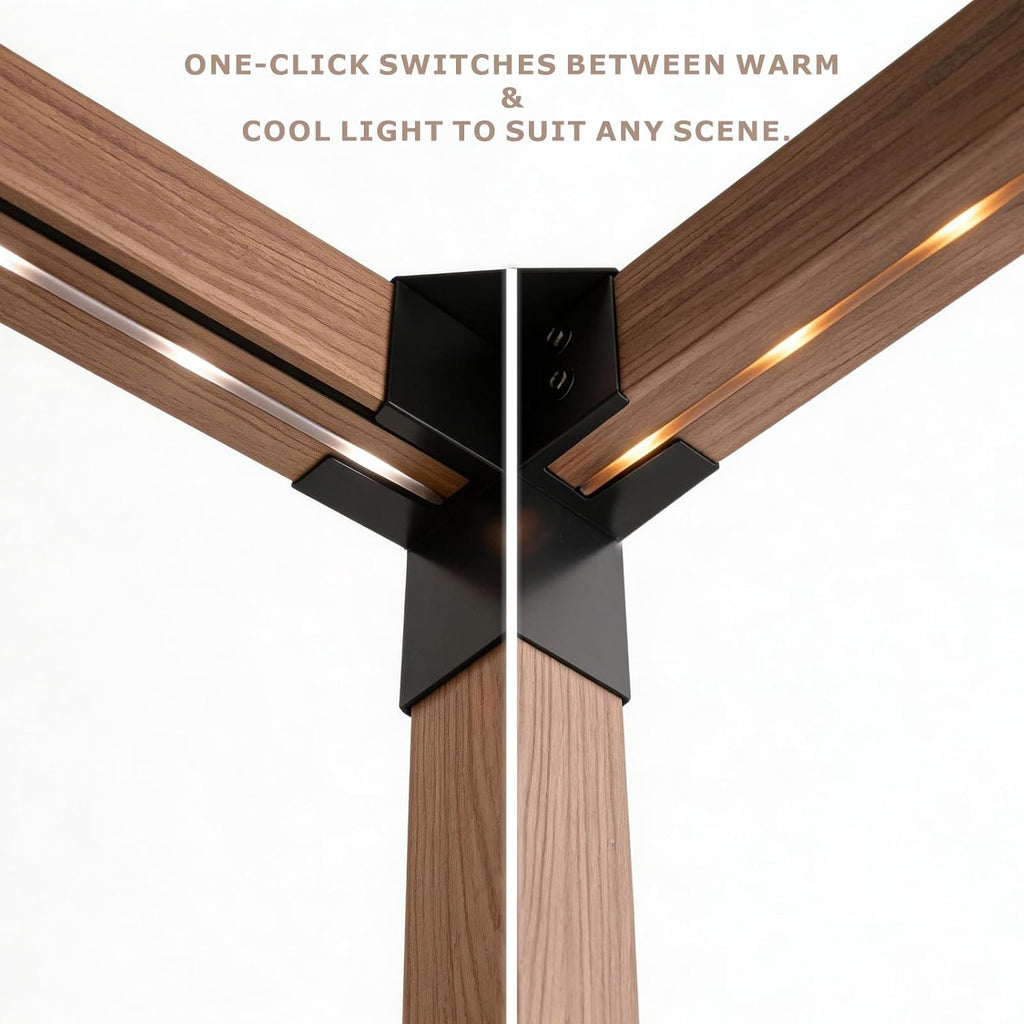 10x12 FT Retractable Pergola with Solar LED Lights, Wood-Grain Aluminum Frame, Water & UV-Resistant Adjustable Canopy