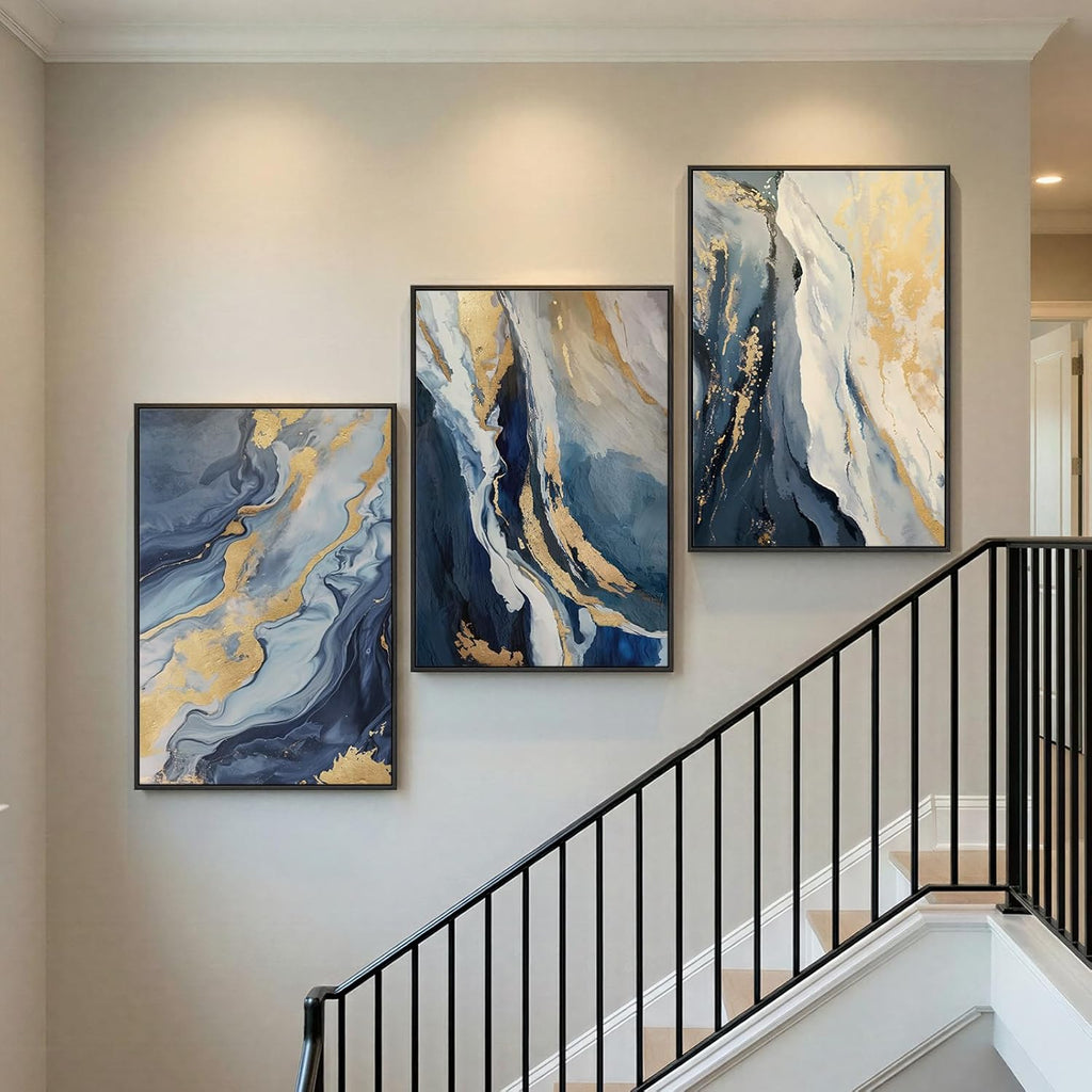 Large Framed Blue and Gold Abstract Wall Art , 3 Piece Modern Canvas Prints Paintings Artwork for Walls, Luxury