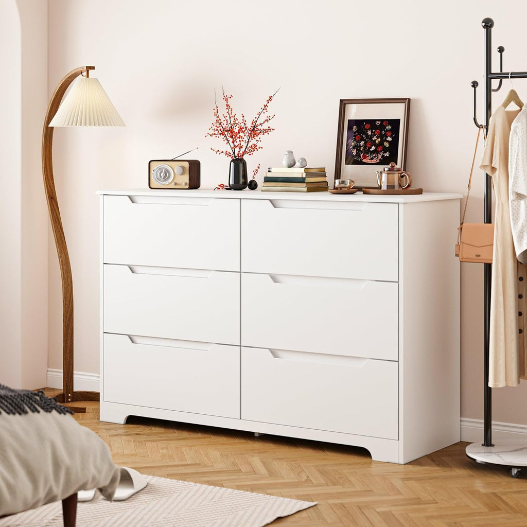 6 Drawer Double Dresser with Anti-Tip Design, White | Modern Wide Wooden Chest of Drawers with Cut-Out Handles