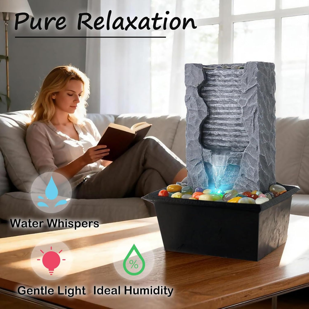 Tabletop Water Fountain Indoor, Resin Waterfall Fountain for Stress Relief and Meditation, Calming Office Desk Home