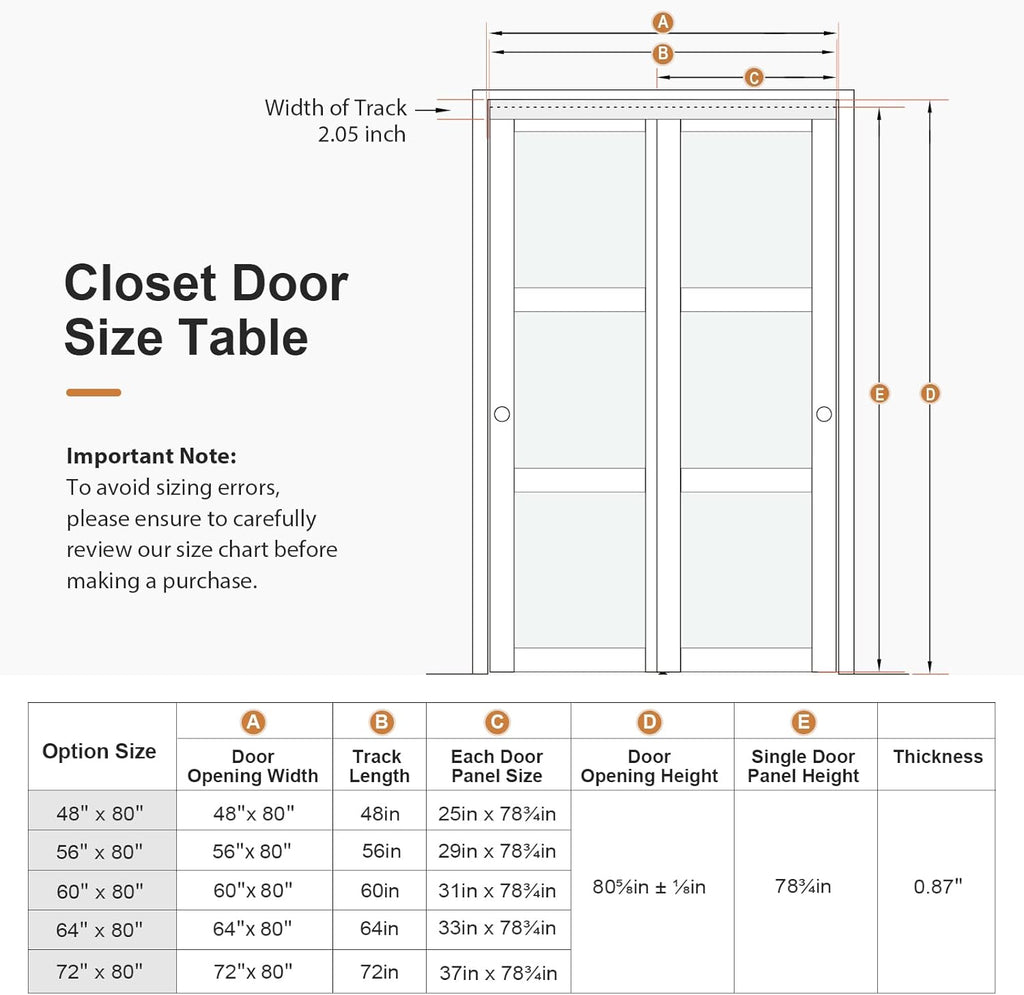 60x80 in (Double 31in) Bypass Sliding Closet Door for Bedroom, 3-Lite Frosted Glass Sliding Door wit