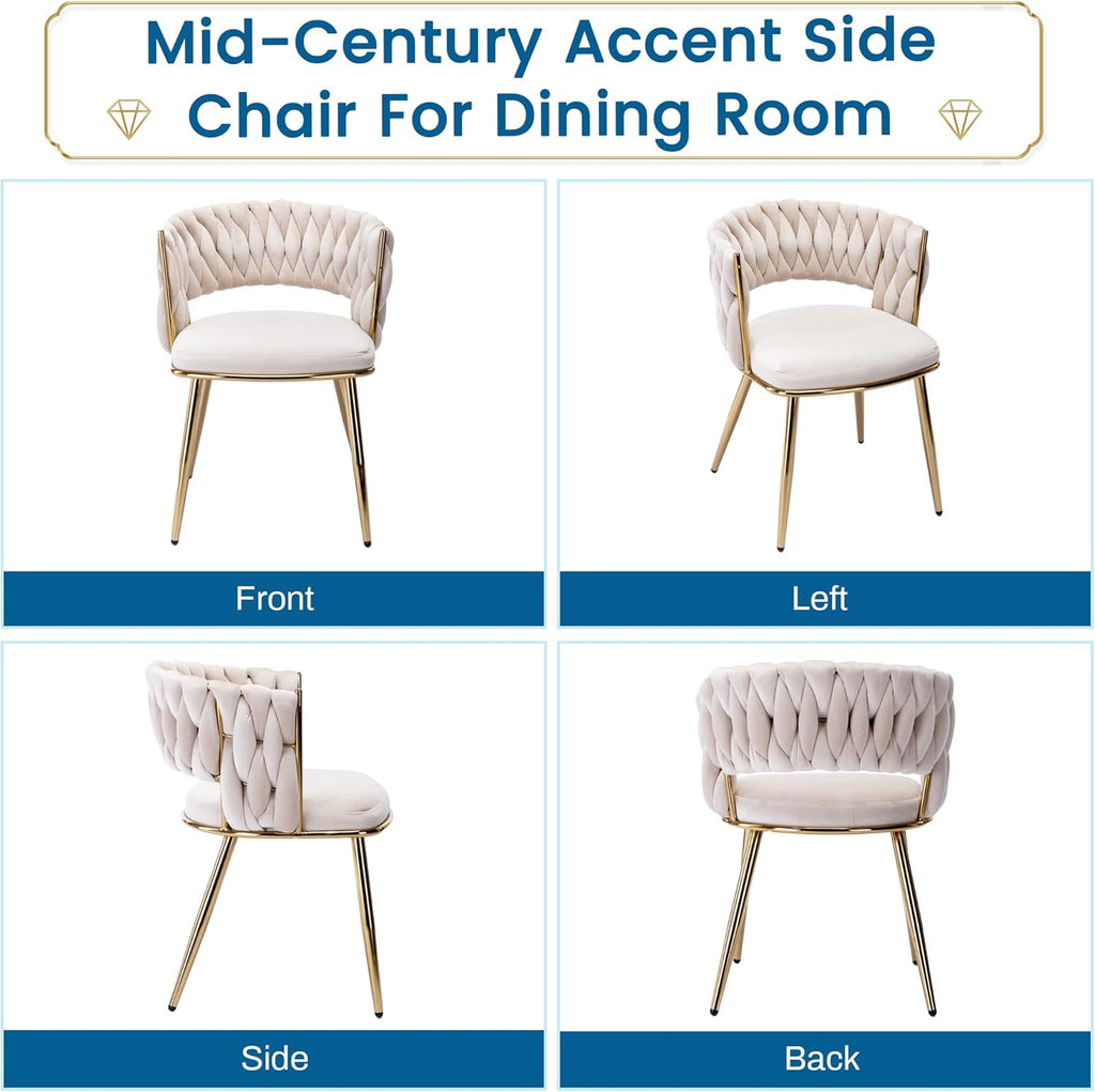 Modern Velvet Dining Chairs Set of 2, Upholstered Living Room Chair with Woven Back and Golden Metal Legs