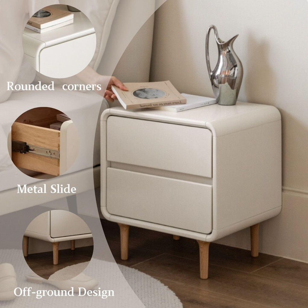 White Wood Nightstand, Solid Wood Night Stand with 2 Drawers, Small