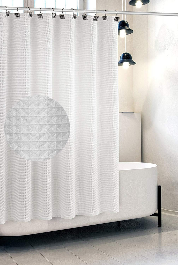 Waffle Fabric White Shower Curtain with Liner Set - Includes Free Clear Liner, Decorative Shower Curtain Set